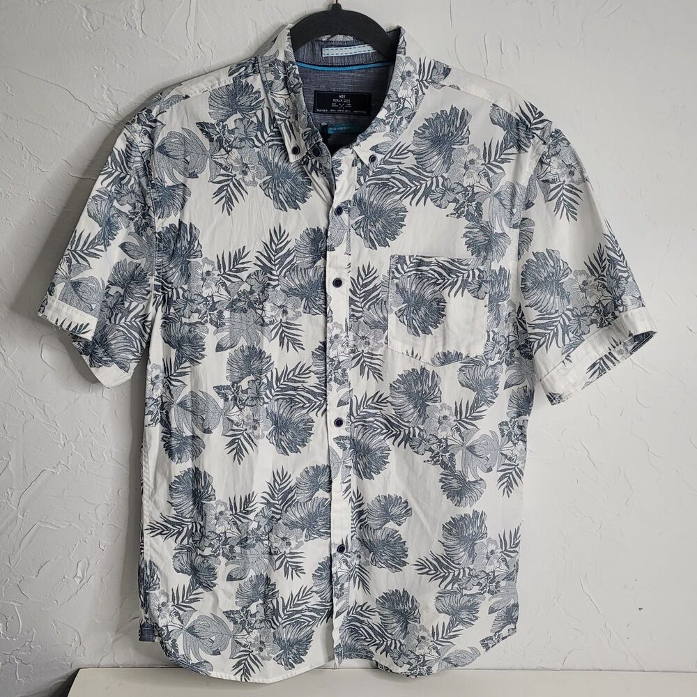 MBX Premium Goods Hawaiian Floral Shirt Men's L White Gray Cotton Slim Fit Beach